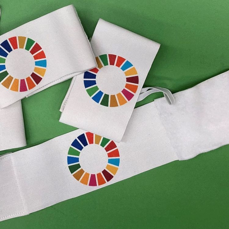 Vier weiße Armbinden mit SDG Wheel liegen auf grünem Untergrund. © Engagement Global