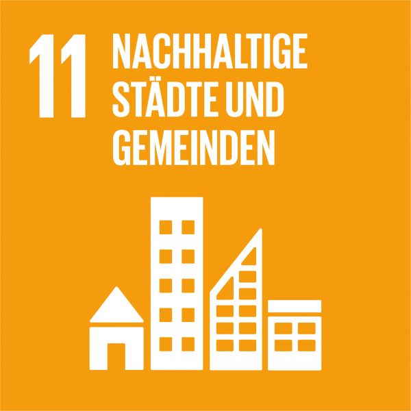 Icongrafik für das Nachhaltigskeitsziel Nummer 11 - Nachhaltige Städte und Gemeinden