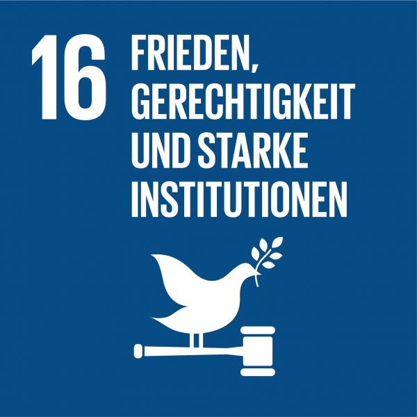 Icongrafik für das Nachhaltigskeitsziel Nummer 16 - Frieden, Gerechtigkeit und starke Institutionen